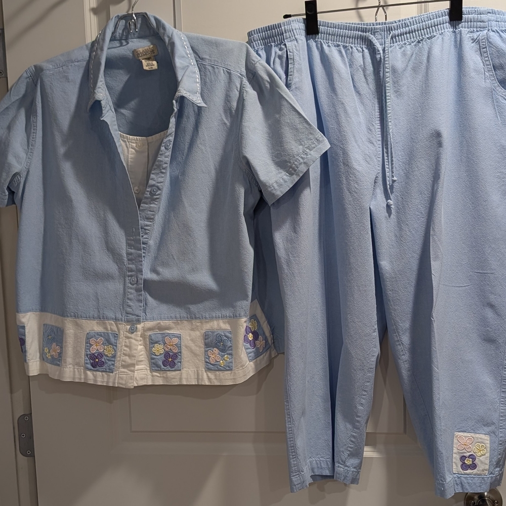 Classic Elements XL Blue 2-Piece Cotton Set Floral Embroidery Cottagecore EUC